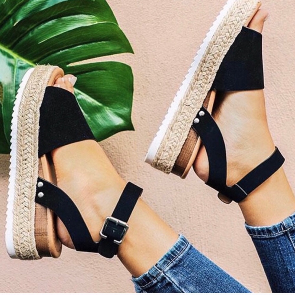“Emilia”Black Faux Leather Espadrille Platforms!